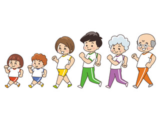 ジャージを着て歩く家族　半袖