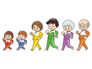 ジャージを着てウォーキングする家族　長袖