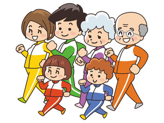 ジャージを着てウォーキングする家族　長袖