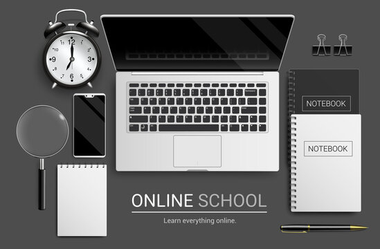 Online school vector banner design. Online school text with laptop, phone and notebook educational device elements for e-learning class and home study background. Vector illustration
