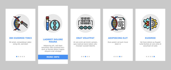 Genetic Engineering Onboarding Mobile App Page Screen Vector. Animal And Human, Fruit And Meat Gmo Food, Chemical Laboratory Research And Development Genetic Illustrations