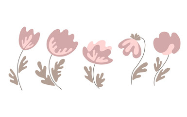 Floral set based on traditional folk art ornaments. Isolated colorful scandy flowers. Scandinavian style. Sweden nordic style. Vector illustration. Simple minimalistic nature element