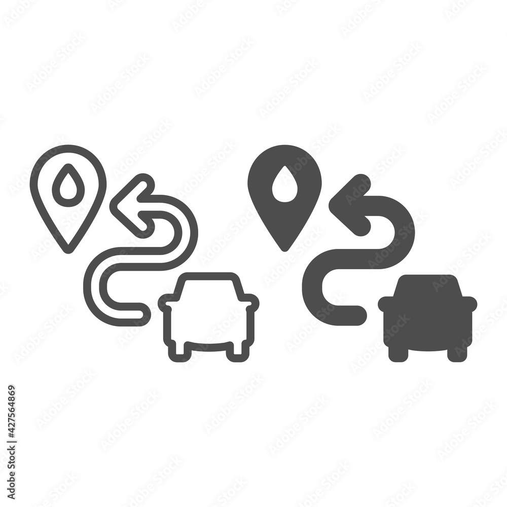 Poster carwash location pin line and solid icon, car washing concept, map pointer with symbol car wash on w