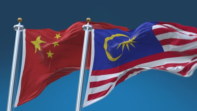 4k Seamless Malaysia and China Flags with blue sky background;A fully digital rendering;The animation loops at 20 seconds;MGL MY CN CHN.