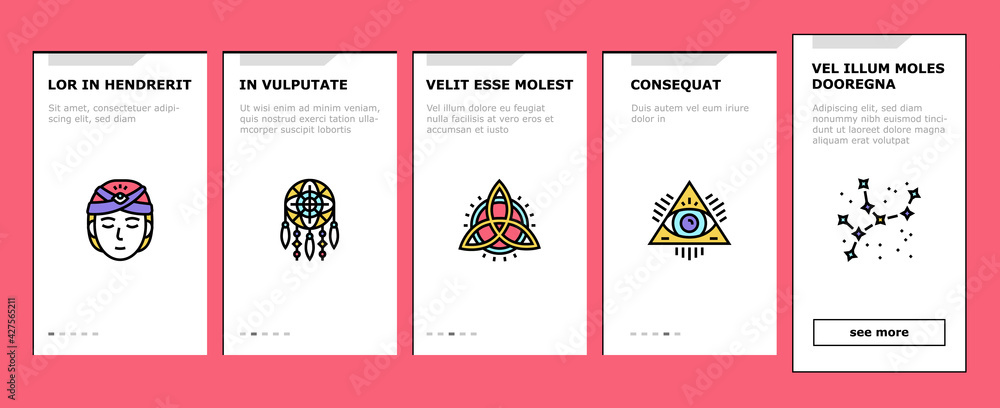 Poster astrological objects onboarding mobile app page screen vector. crystals and ball, love potion and ta