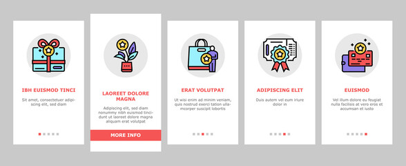 Bonus Present Of Sales Onboarding Mobile App Page Screen Vector. Bonus Gift Box For Customer And Card, Contract And Flyer, Label Sale And Online Phone Application Illustrations