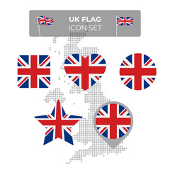 United Kingdom, great britain wavy flag icons set - square, heart, circle, stars, pointer, map marker. Mosaic map of great britain. Union Jack, union flag. Vector flat uk symbol, icon, button