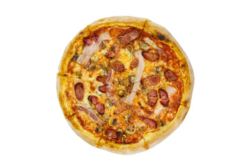 Delicious fresh pizza with sausage, mushrooms and cheese isolated on white background