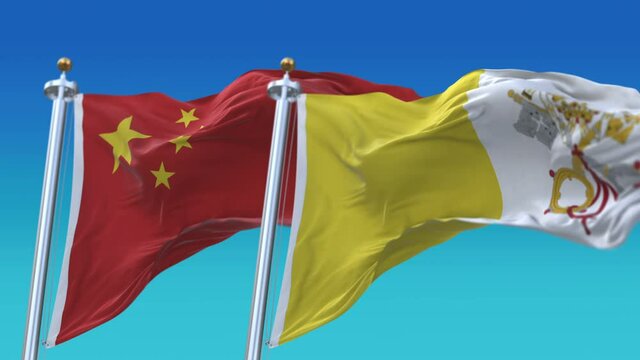 4k Seamless Vatican and China Flags with blue sky background;A fully digital rendering;The animation loops at 20 seconds;VAT CHN CN.
