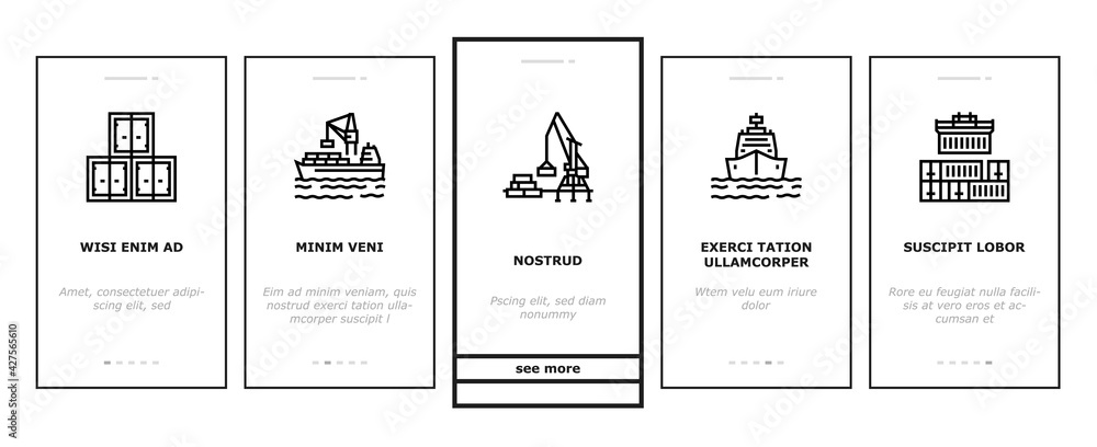 Poster container port tool onboarding mobile app page screen vector. port crane loader for loading boxes on