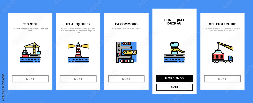 Poster container port tool onboarding mobile app page screen vector. port crane loader for loading boxes on