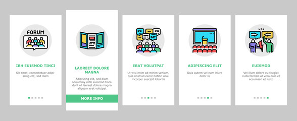 Forum People Meeting Onboarding Mobile App Page Screen Vector. International And Business Online Forum, Public Debate And Hearing, Disputes And Vote, Illustrations