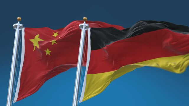 4k Seamless Germany and China Flags with blue sky background;A fully digital rendering;The animation loops at 20 seconds;GER DE CHN CN.