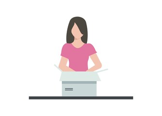 Young girl unboxing a package. Blank face. Simple flat illustration