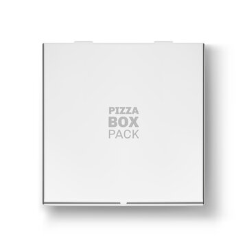 Front view of closed pizza box pack mockup. Blank white cardboard box, meal delivery service object, fast food packaging template design realistic vector illustration on white background