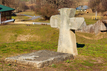 Ancient gravestone crosses (17th - 18th century) at the famous historic St. Elijah Church in Subotiv village, Ukraine
