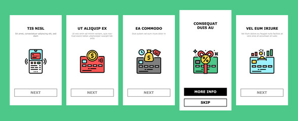 Plastic Card Payment Onboarding Mobile App Page Screen Vector. Contactless Nfc System Credit Card And Withdrawal, Pin Code Protection And Transfer Illustrations