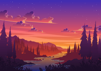 sunset valley landscape illustration