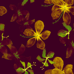 Fototapeta na wymiar Purple Tropical Leaf. Autumn Seamless Illustration. Green Pattern Design. Golden Flower Illustration. Violet Spring Art. Yellow Flora Texture. Watercolor Background.