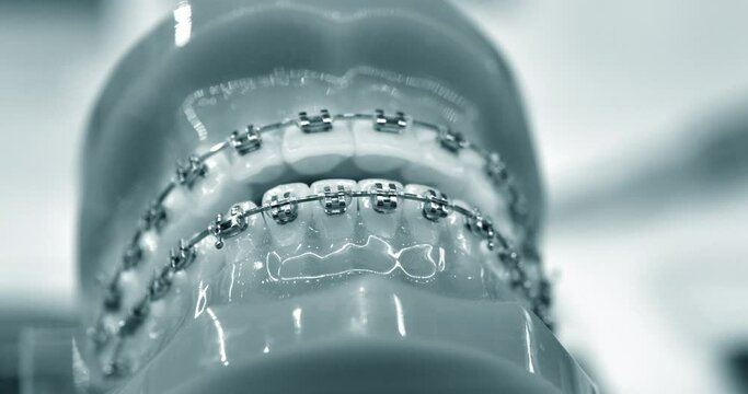 Braces on the model of human jaws, dental tooth dentistry close-up