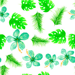 Fototapeta na wymiar White Seamless Plant. Blue Pattern Textile. Green Tropical Texture. Organic Garden Leaves. Natural Floral Design. Cobalt Wallpaper Vintage. Monstera Leaves.