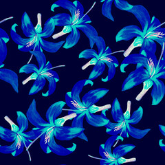 Fototapeta na wymiar Azure Seamless Textile. Cobalt Pattern Leaf. Blue Tropical Leaf. Indigo Flower Design. Navy Floral Nature. Flora Foliage. Spring Foliage. Garden Foliage