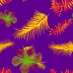 Fototapeta na wymiar Indigo Tropical Leaves. Purple Seamless Painting. Lavender Pattern Leaves. BlueSpring Palm. Azure Flower Art. Yellow Drawing Leaf. Decoration Vintage.