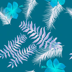 Blue Tropical Texture. Navy Seamless Background. Azure Pattern Hibiscus. PinkSpring Leaves.Flower Nature. Drawing Design. Decoration Painting. Flora Nature.