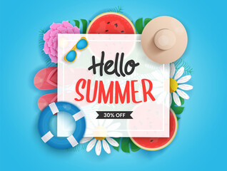 Hello Summer vector  banner with hand-drawn lettering on white space with border with colorful beach elements like tropical fruits, leaves, sunglass, sandal in blue background, vector illustration
