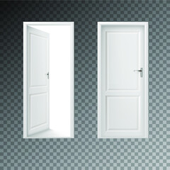 Open and closed white entrance realistic door isolated on transparent background. Eps 10 vector illustration.