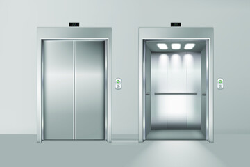 Templates set of elevator with closed, half-open and open doors, realistic vector illustration. Fragment of building wall with elevator doorways and shiny steel doors. Eps 10 vector illustration.
