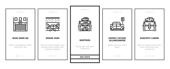 Underground Parking Onboarding Mobile App Page Screen Vector. Underground Multilevel Parking Building, Barrier And Automatical Gate, Elevator Lifting Transport Illustrations