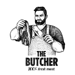 male butcher holds meat bacon in his hand. vector illustration isolated on white background