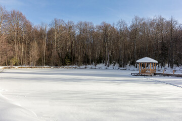 Winter sunny day in the foothill area, clear frosty weather, sparkling snow and shadows from the trees.