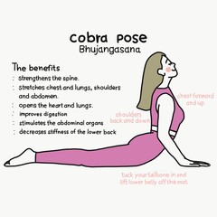 Cobra pose yoga pose and benefits cartoon vector illustration
