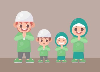 Moslem family greeting ramadan kareem. eid al fitr.  islamic Premium Vector
