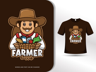 Farmer with harvest cart cartoon logo. vector illustration with text effect and t shirt design template
