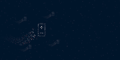 A battery symbol filled with dots flies through the stars leaving a trail behind. Four small symbols around. Empty space for text on the right. Vector illustration on dark blue background with stars