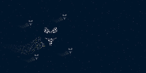 Obraz na płótnie Canvas A bikini symbol filled with dots flies through the stars leaving a trail behind. Four small symbols around. Empty space for text on the right. Vector illustration on dark blue background with stars