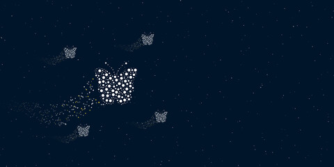 Fototapeta na wymiar A butterfly symbol filled with dots flies through the stars leaving a trail behind. Four small symbols around. Empty space for text on the right. Vector illustration on dark blue background with stars