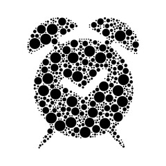 A large alarm clock symbol in the center made in pointillism style. The center symbol is filled with black circles of various sizes. Vector illustration on white background