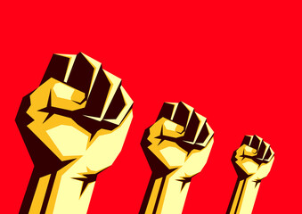 Raised fists in the air on the red background, protest concept. A fight against social inequality and racism. Defense of the rights of sexual minorities. Class struggle and revolution.