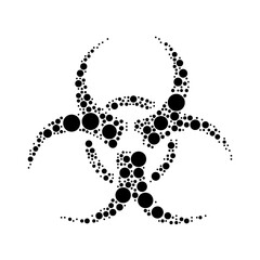 A large biohazard symbol in the center made in pointillism style. The center symbol is filled with black circles of various sizes. Vector illustration on white background