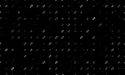 Fototapeta premium Seamless background pattern of evenly spaced white zodiac sagittarius symbols of different sizes and opacity. Vector illustration on black background with stars