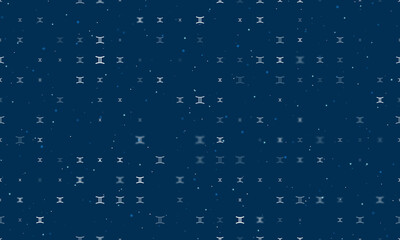 Seamless background pattern of evenly spaced white zodiac gemini symbols of different sizes and opacity. Vector illustration on dark blue background with stars