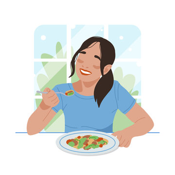 Happy young smiling girl eating vegetarian food. Concept of proper nutrition and healthy lifestyle. Vector flat illustration in cartoon style