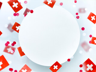 Switzerland, August 1, day foundation confederation. National holiday. the concept of memory, patriotism and freedom. Flags on a foggy background. Mockup.