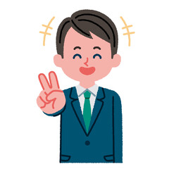 ピースサインをしているスーツを着た男性のイラスト