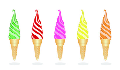 set of colorful of ice cream cone or soft cream cone drawing in vector