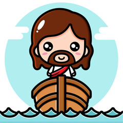 cute cartoon jesus vector design aboard a wooden ship